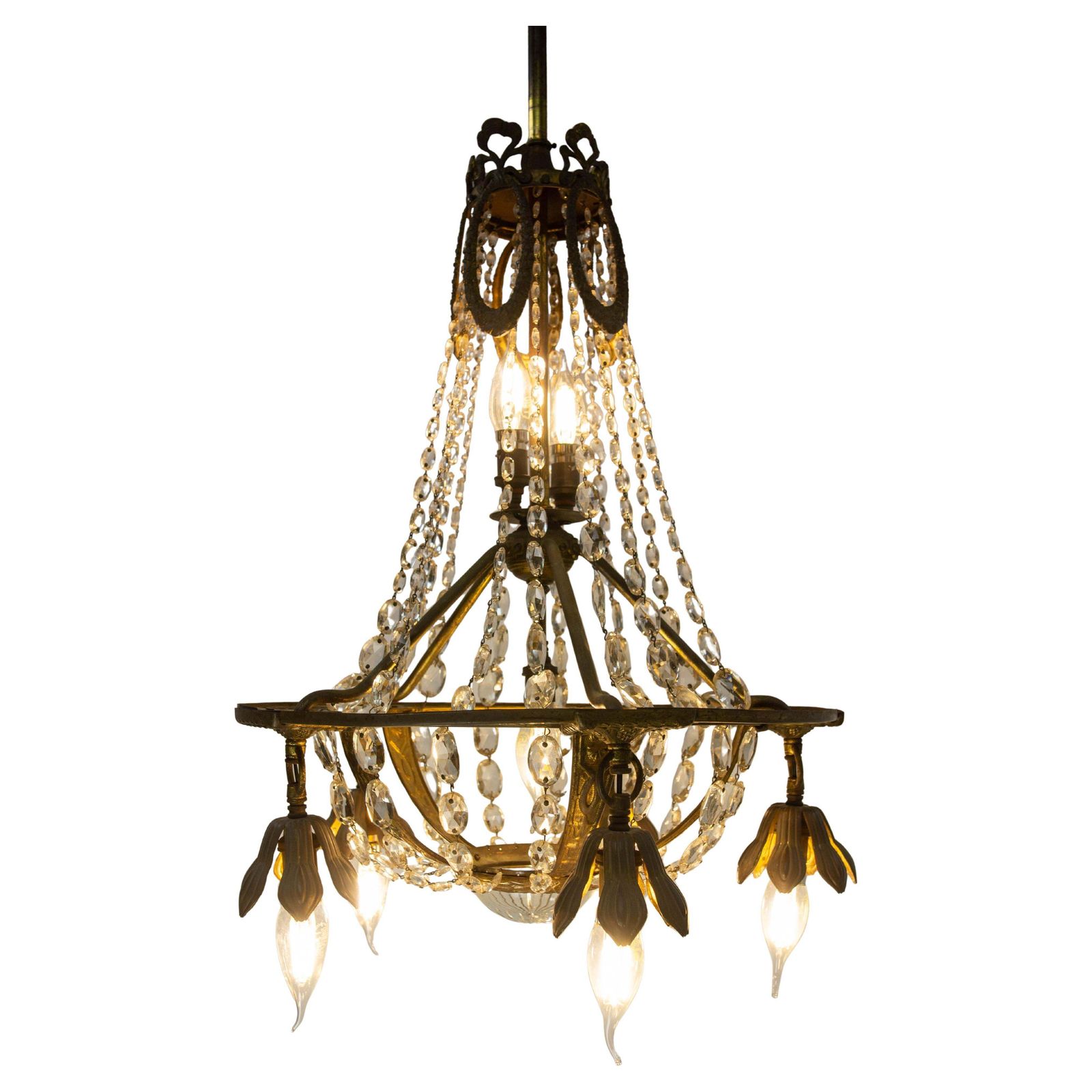 French Brass Chandelier With Crystal Drops Ceiling Pendant Midcentury Circa 1900