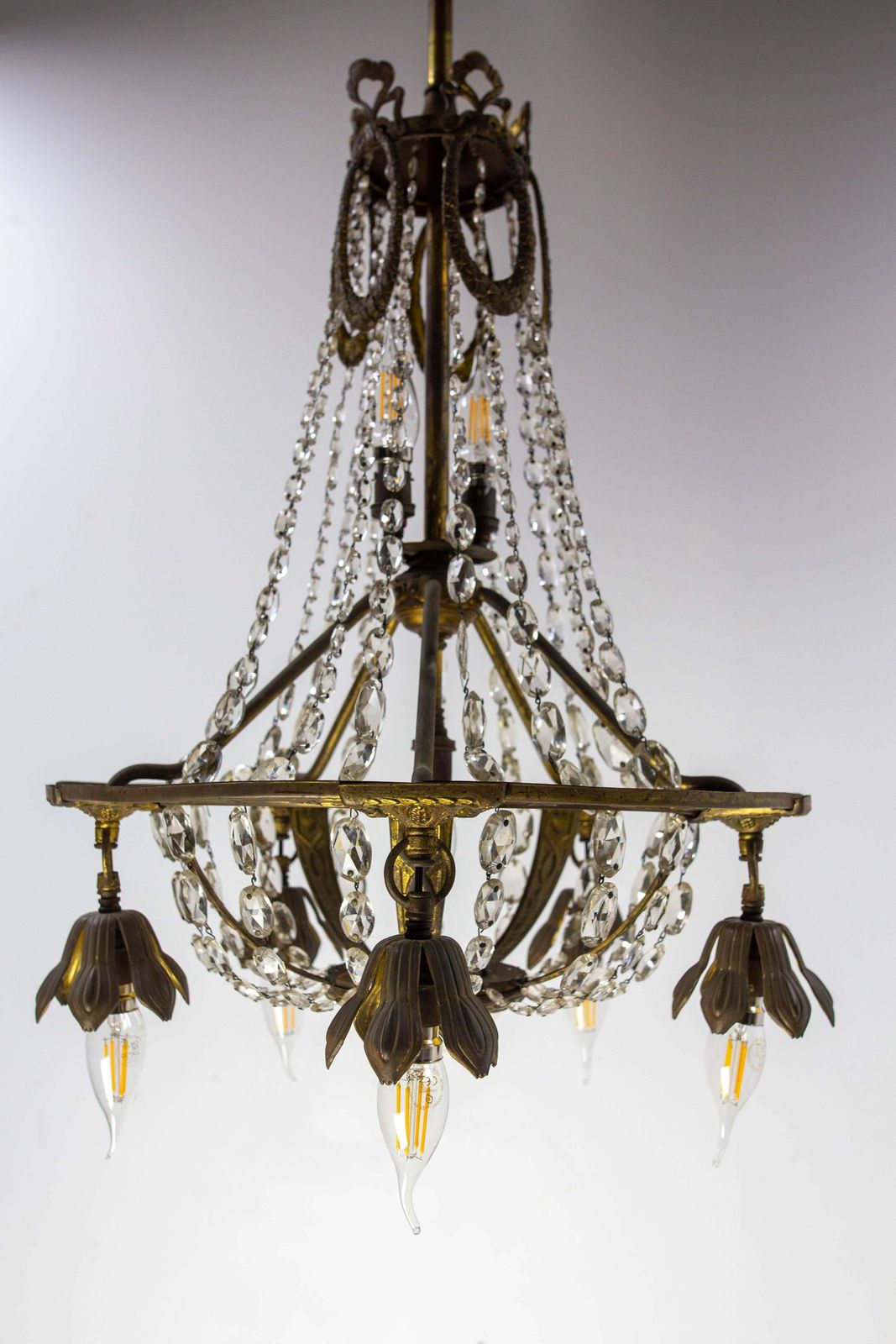 French Brass Chandelier With Crystal Drops Ceiling Pendant Midcentury Circa 1900 photo vinterior