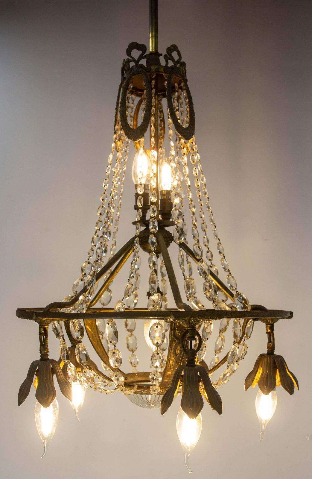 photo for sale French Brass Chandelier With Crystal Drops Ceiling Pendant Midcentury Circa 1900
