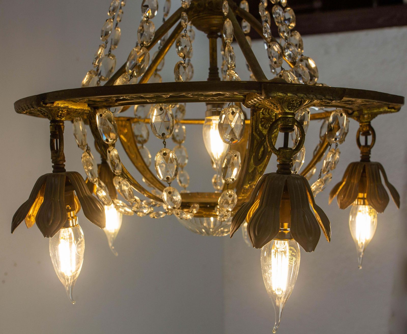 Lighting French Brass Chandelier With Crystal Drops Ceiling Pendant Midcentury Circa 1900 photo
