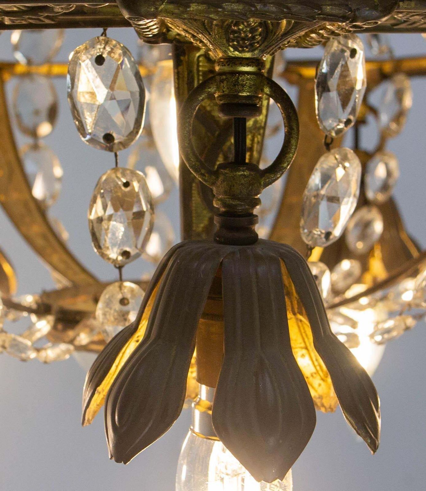 photo vintage French Brass Chandelier With Crystal Drops Ceiling Pendant Midcentury Circa 1900
