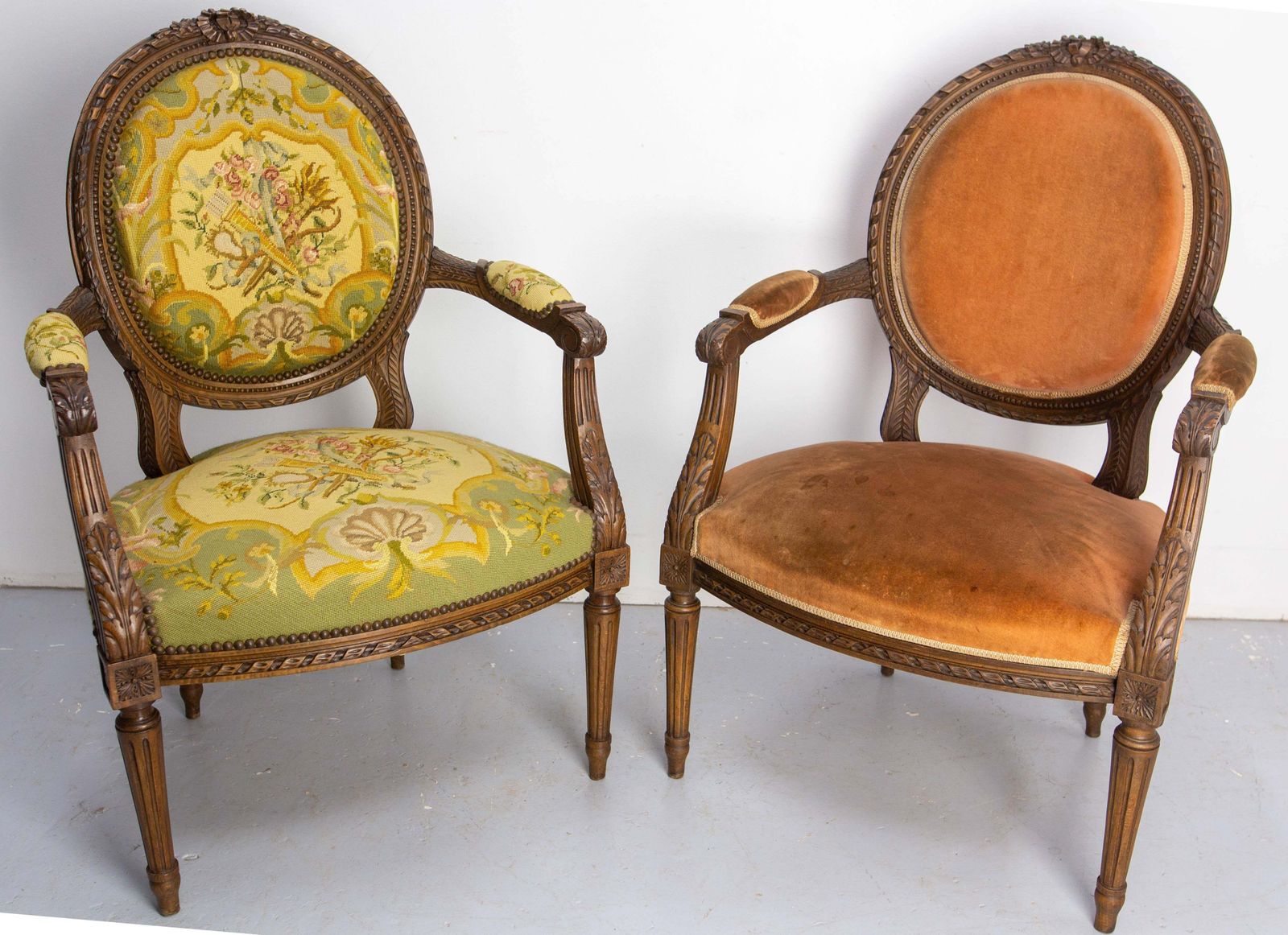 Pair Of French Open Armchairs Louis XVI Medallion Fauteuils, Circa 1900 photo for sale