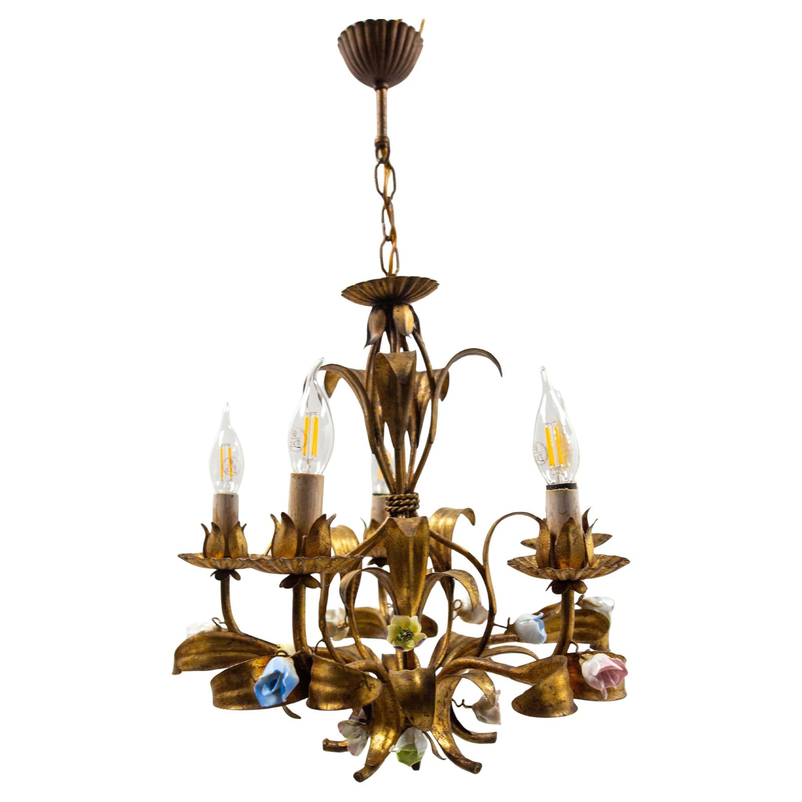 French Chandelier Golden Metal Porcelain Flowers Ceiling Pendant, C 1950