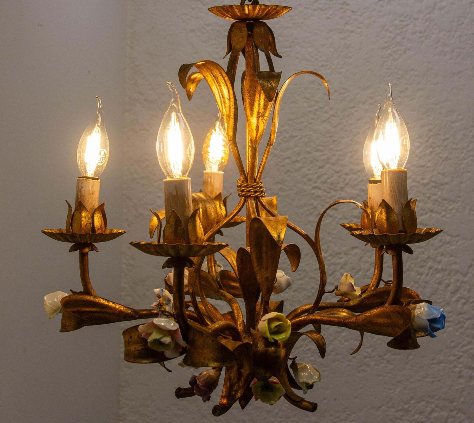 French Chandelier Golden Metal Porcelain Flowers Ceiling Pendant, C 1950 photo vinterior
