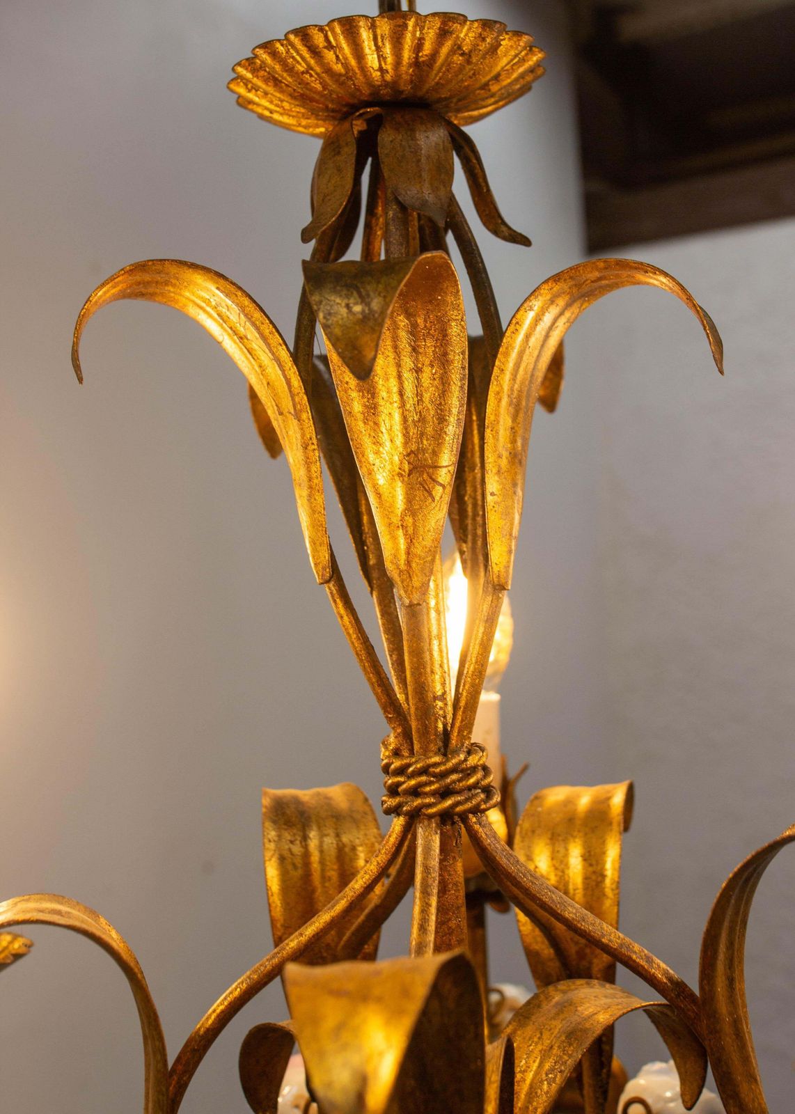 photo vinterior French Chandelier Golden Metal Porcelain Flowers Ceiling Pendant, C 1950