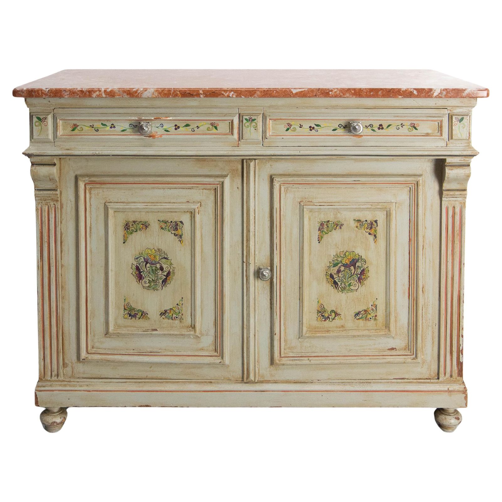 Painted Wood & Marble Top Buffet Patinated & Decorared Cabinet, French, C 1900