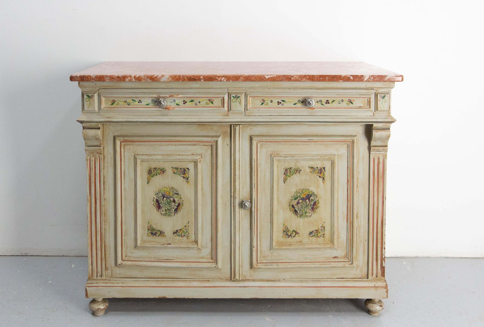 Painted Wood & Marble Top Buffet Patinated & Decorared Cabinet, French, C 1900 photo furniture