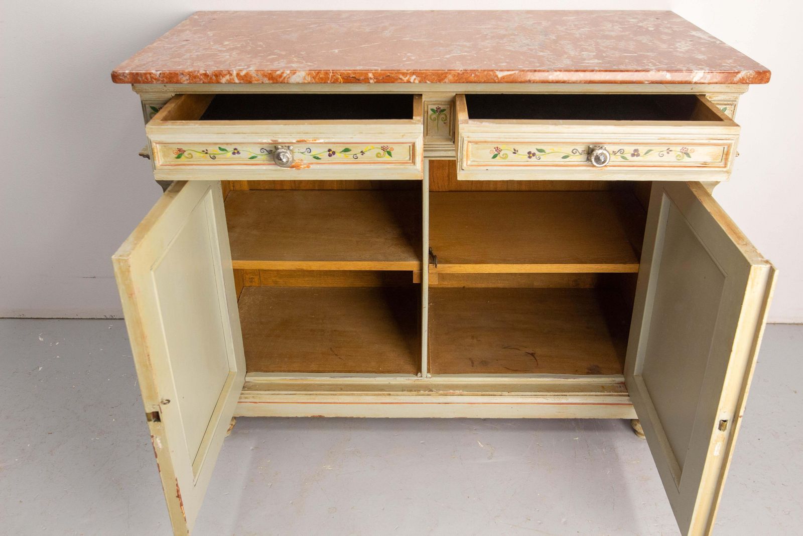 photo vintage Painted Wood & Marble Top Buffet Patinated & Decorared Cabinet, French, C 1900