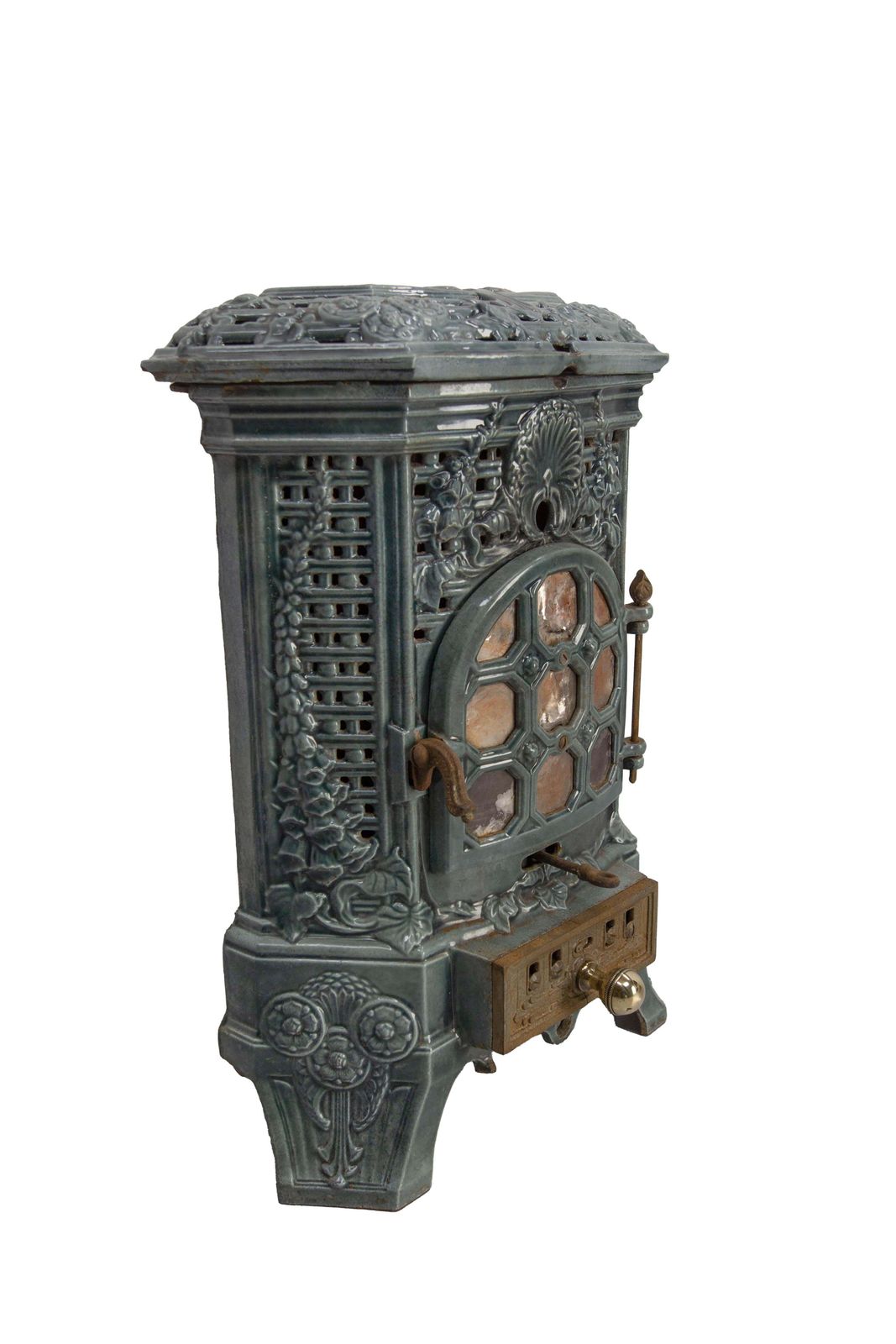 French Small Art Deco Blue Enamelled Cast Iron Wood/Coal Stove photo for sale