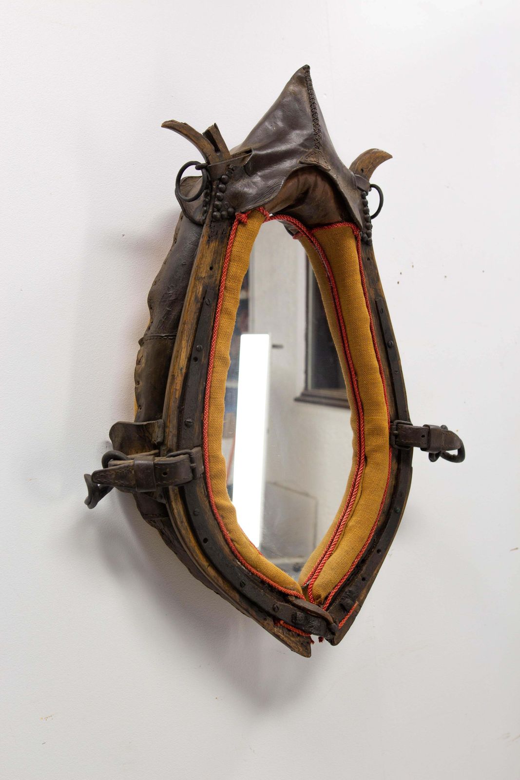 French Draught Horse Yoke Collar Mirror Leather Wood Iron 19th Century photo for sale