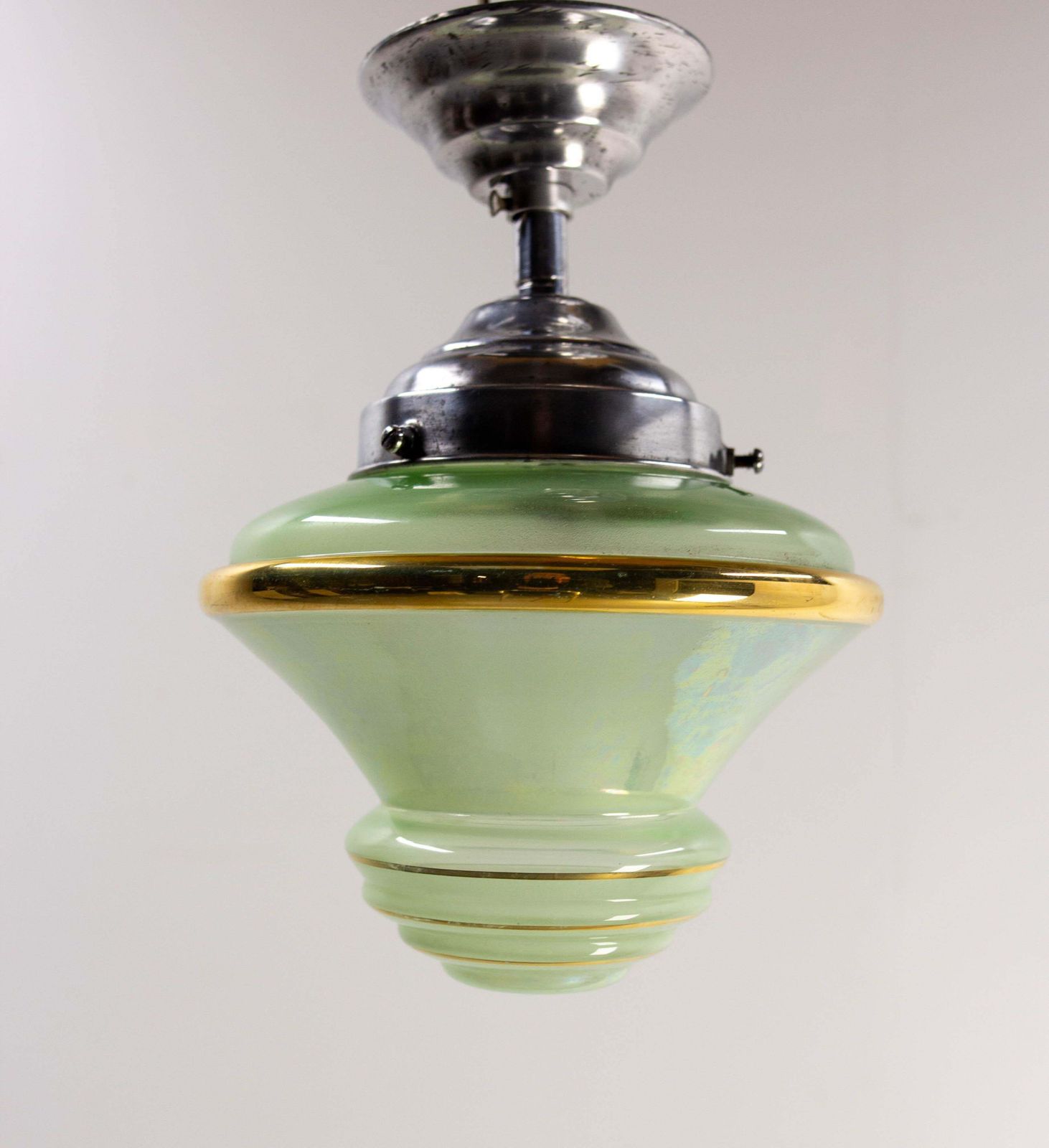 French Art Deco Chandelier Green Art Glass & Aluminium Ceiling Pendant, C 1920 photo furniture