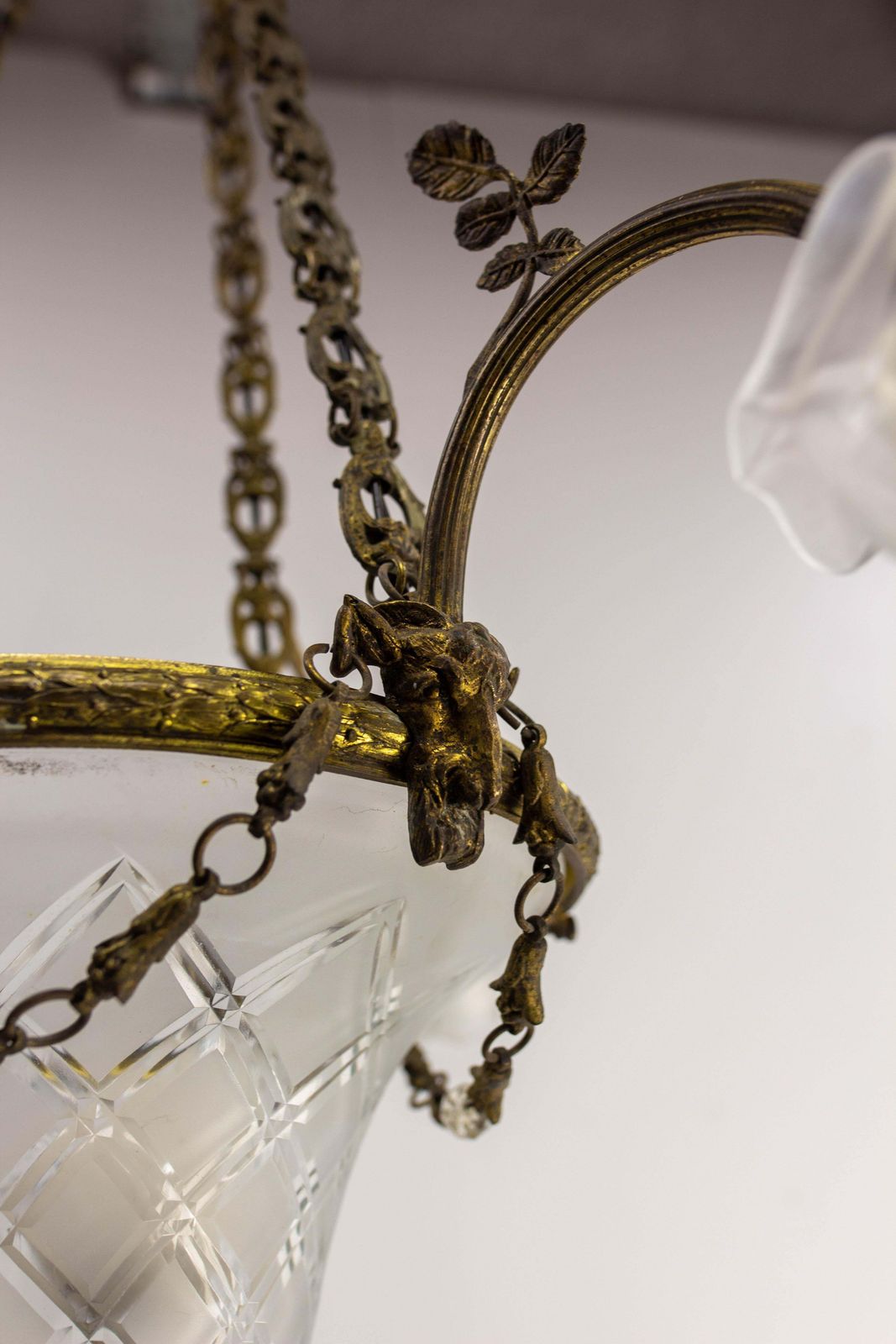 French Lustre Brass & Frozen Glass Ceiling Pendant Chandelier Circa 1910 photo vintage