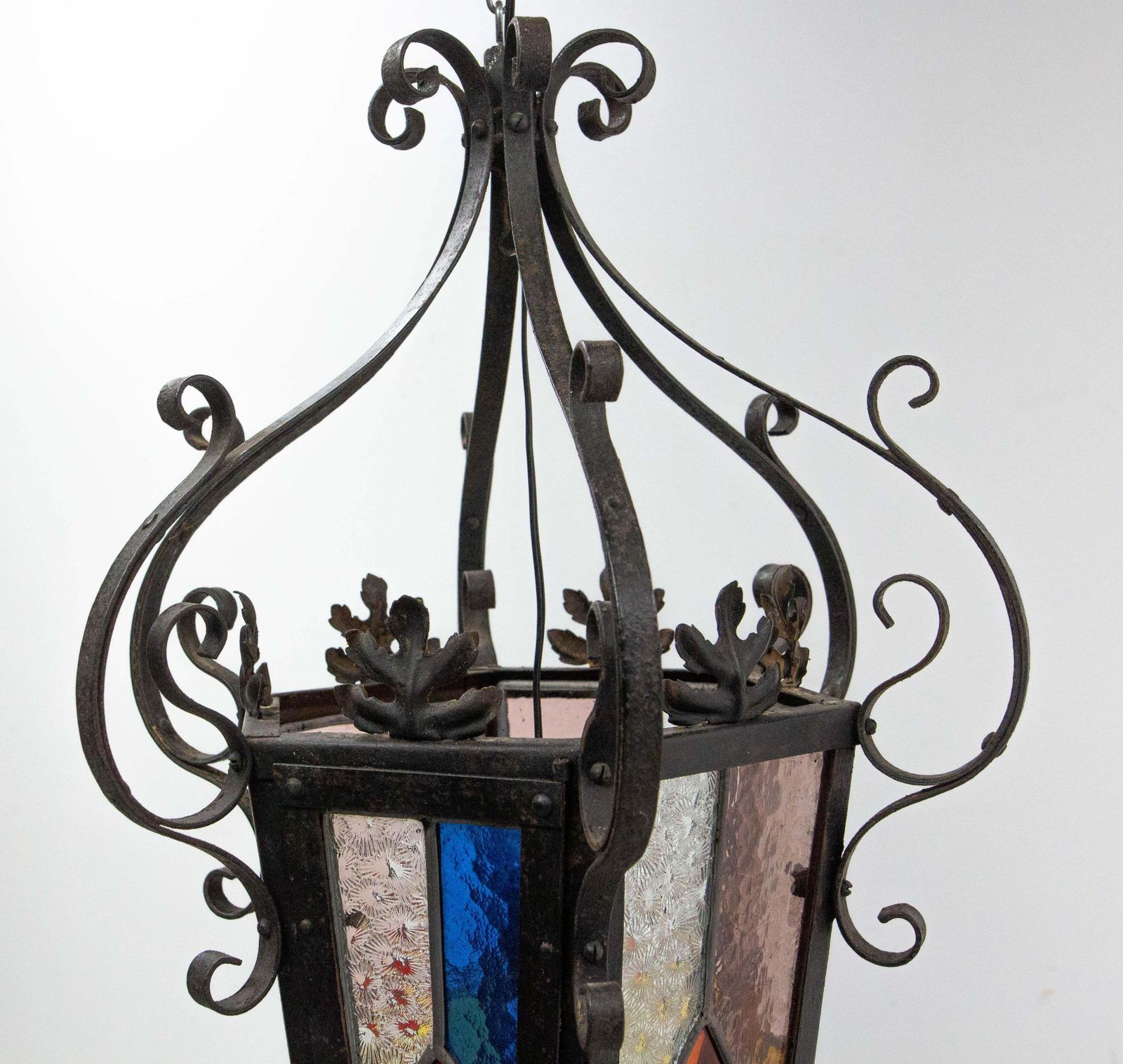 French Lustre Colored Glass & Wrought Iron Ceiling Pendant Chandelier Late 19thc photo vinterior