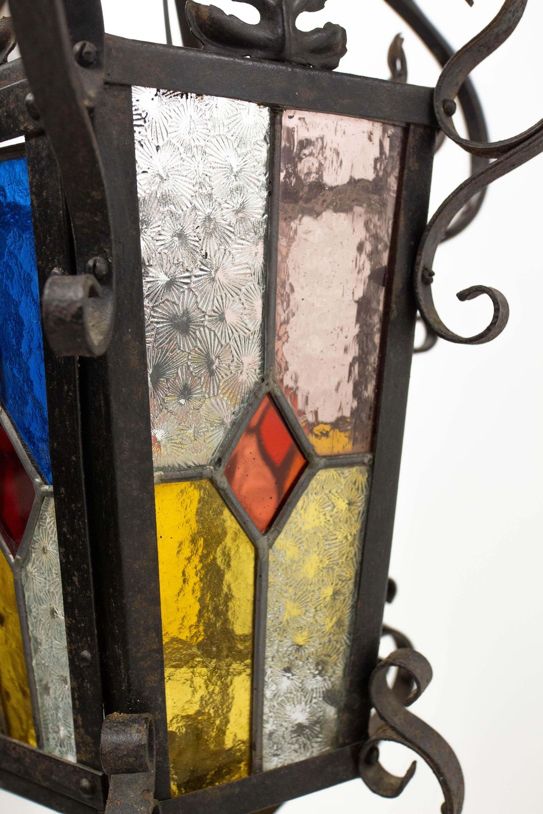 French Lustre Colored Glass & Wrought Iron Ceiling Pendant Chandelier Late 19thc photo buy