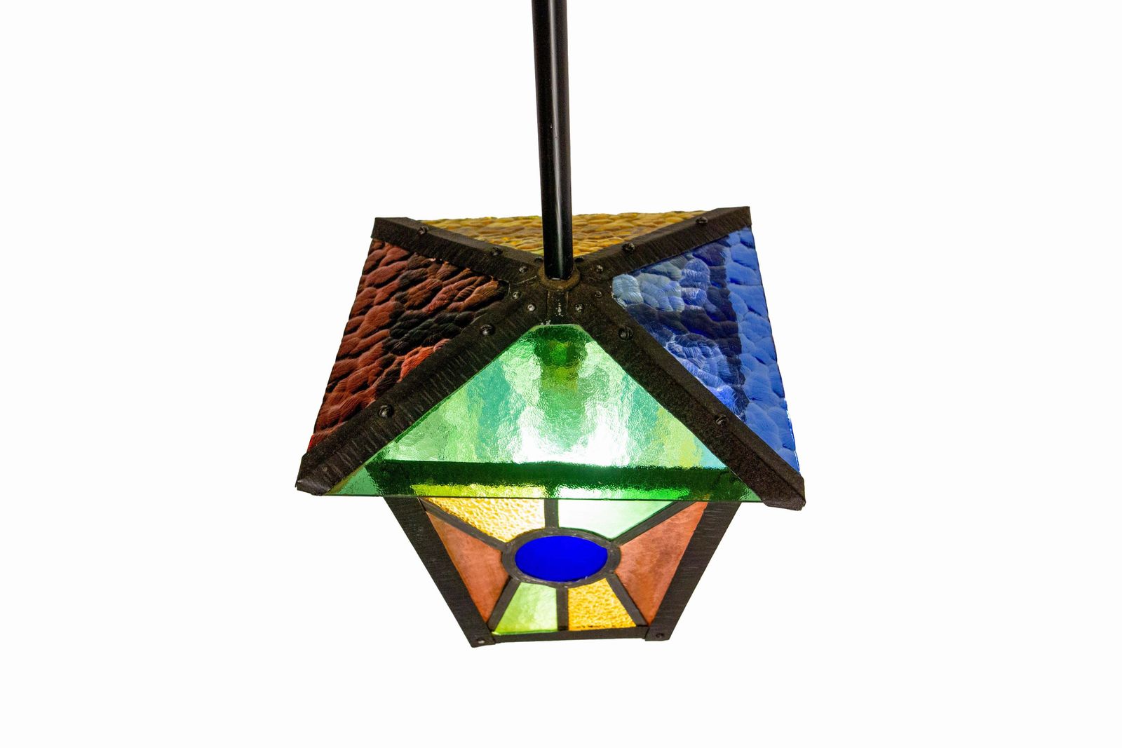 French Lustre Colored Glass &  Iron Ceiling Pendant Chandelier Circa 1960 photo vintage