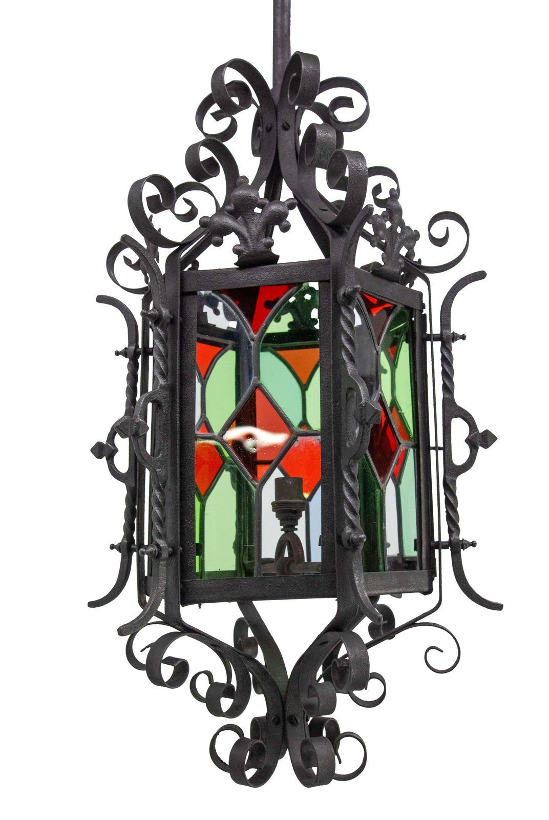 French Lustre Colored Glass & Wrought Iron Ceiling Pendant Chandelier Late 19thc photo Lighting