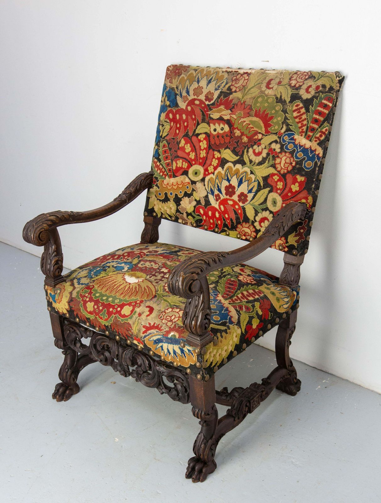 English Victorian Walnut Armchair Lion Paws Feet, Late 19th Century photo Furniture