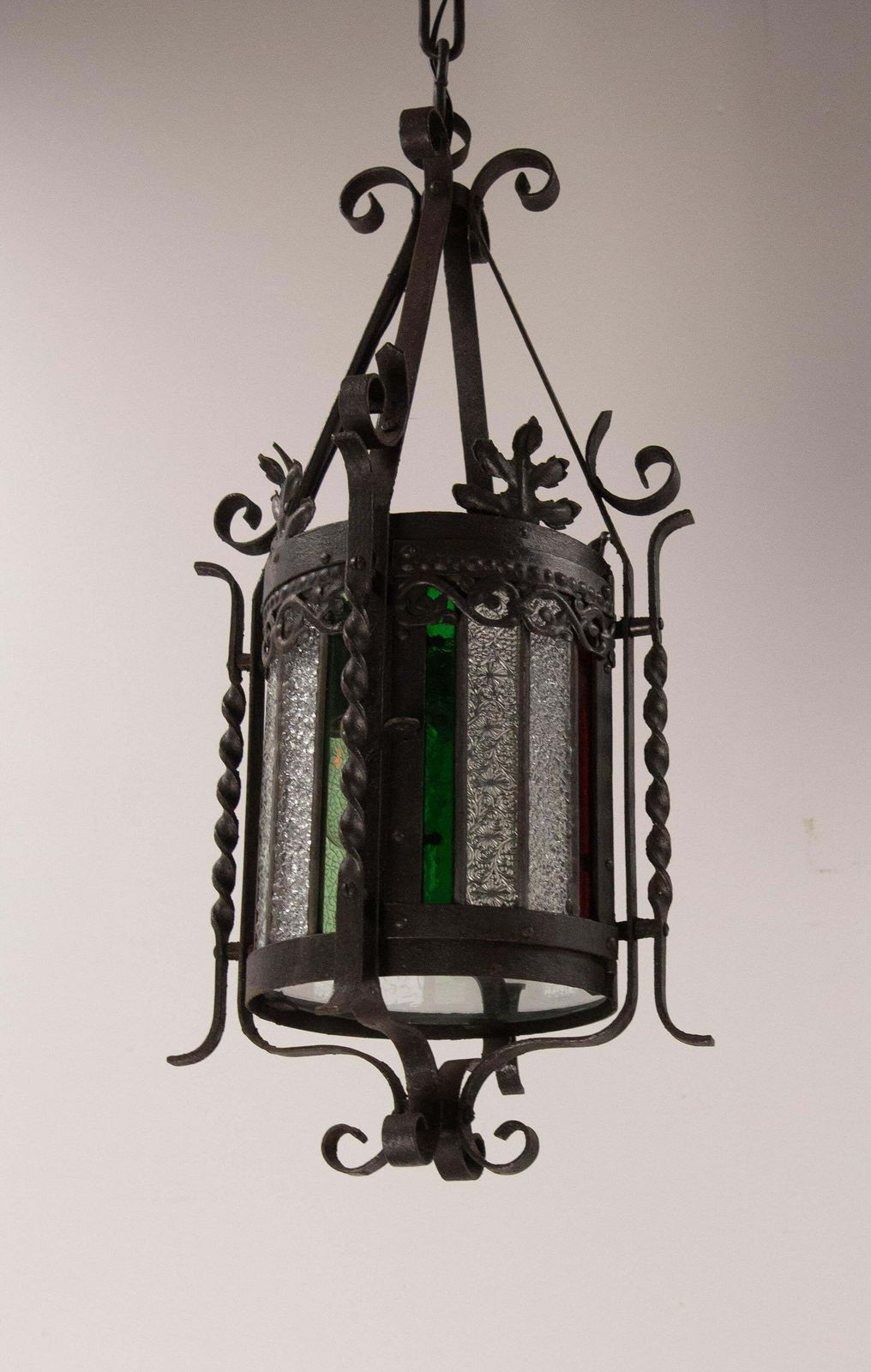 French Lustre Colored Glass & Wrought Iron Ceiling Pendant Chandelier Late 19thc photo vinterior