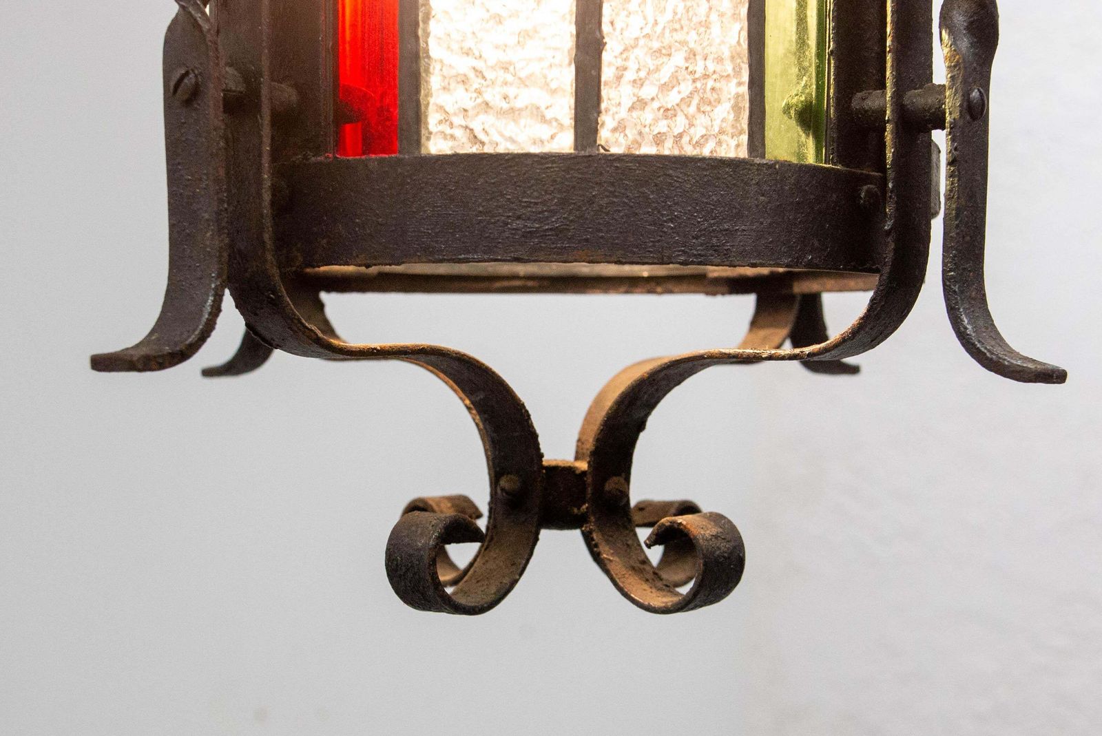 French Lustre Colored Glass & Wrought Iron Ceiling Pendant Chandelier Late 19thc photo buy
