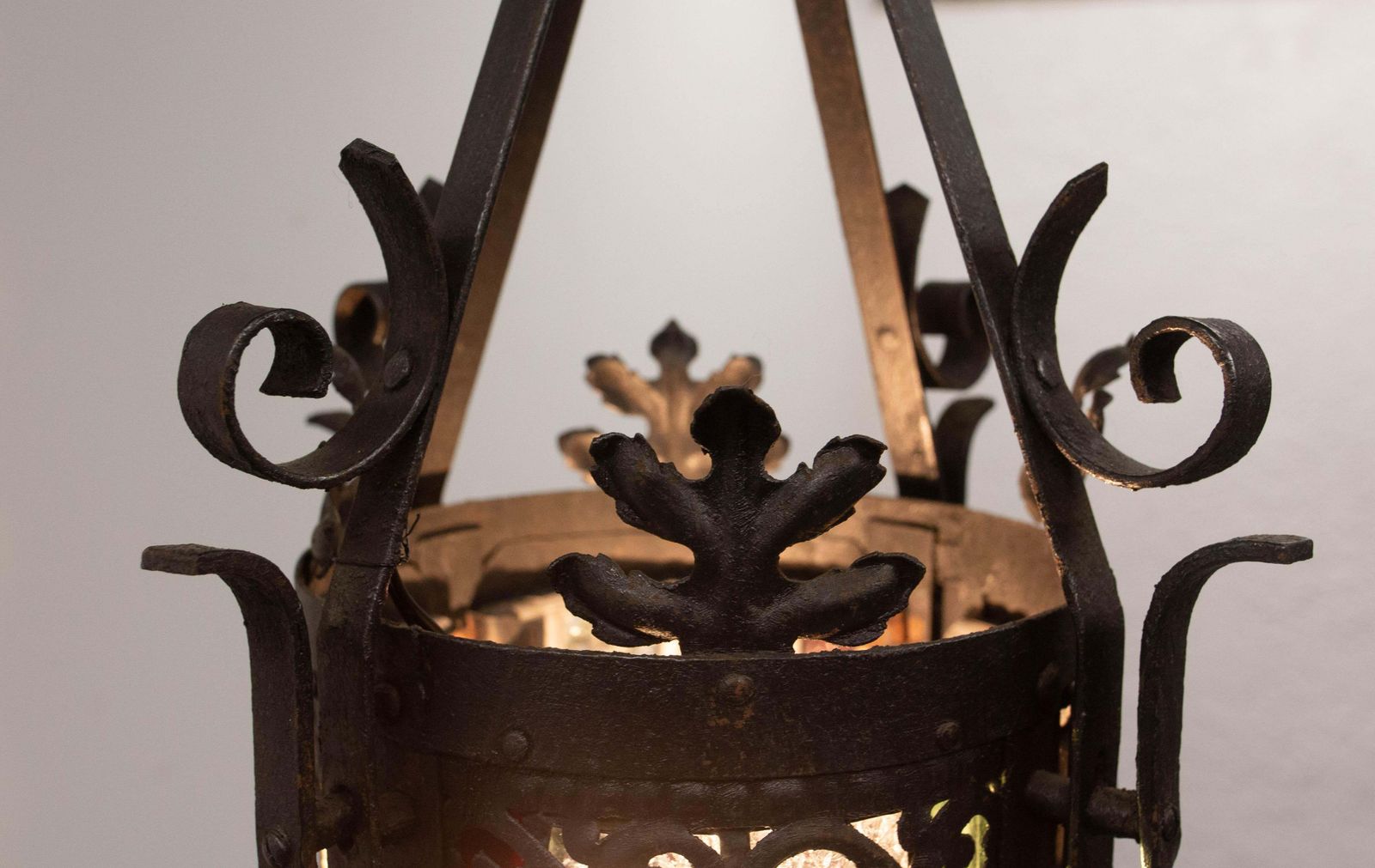 Lighting French Lustre Colored Glass & Wrought Iron Ceiling Pendant Chandelier Late 19thc photo