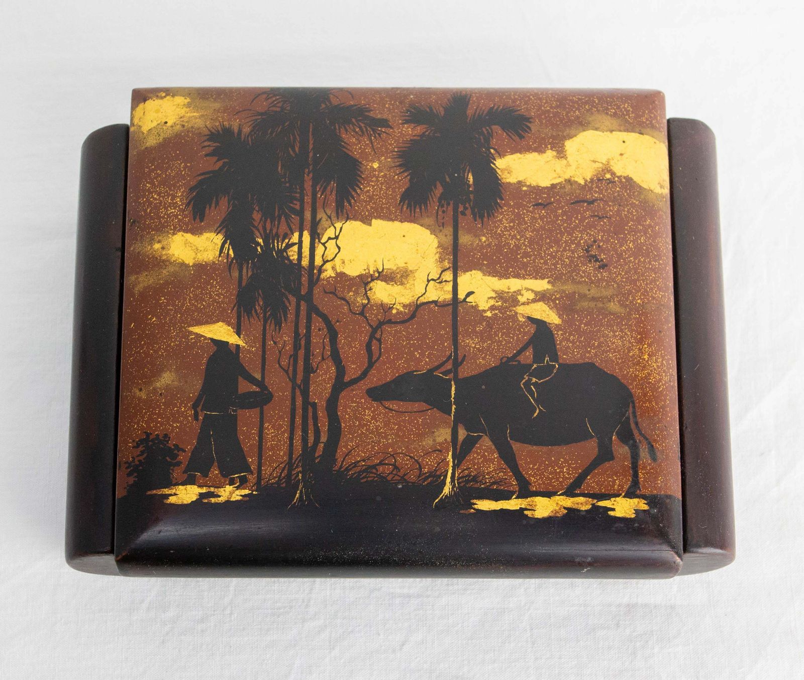 Lacquered Jewels Box, Scene Of Rural Life Wood Velvet & Mirror, Vietnam, C 1960 photo furniture