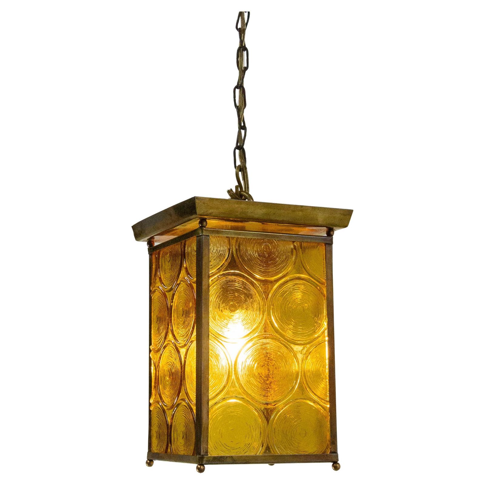 French Ceiling Lamp Brass Yellow Glass Pendant Lustre, Circa 1970
