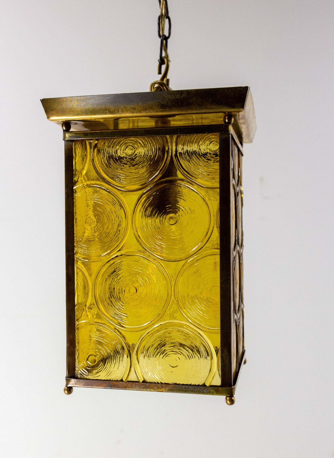French Ceiling Lamp Brass Yellow Glass Pendant Lustre, Circa 1970 photo buy