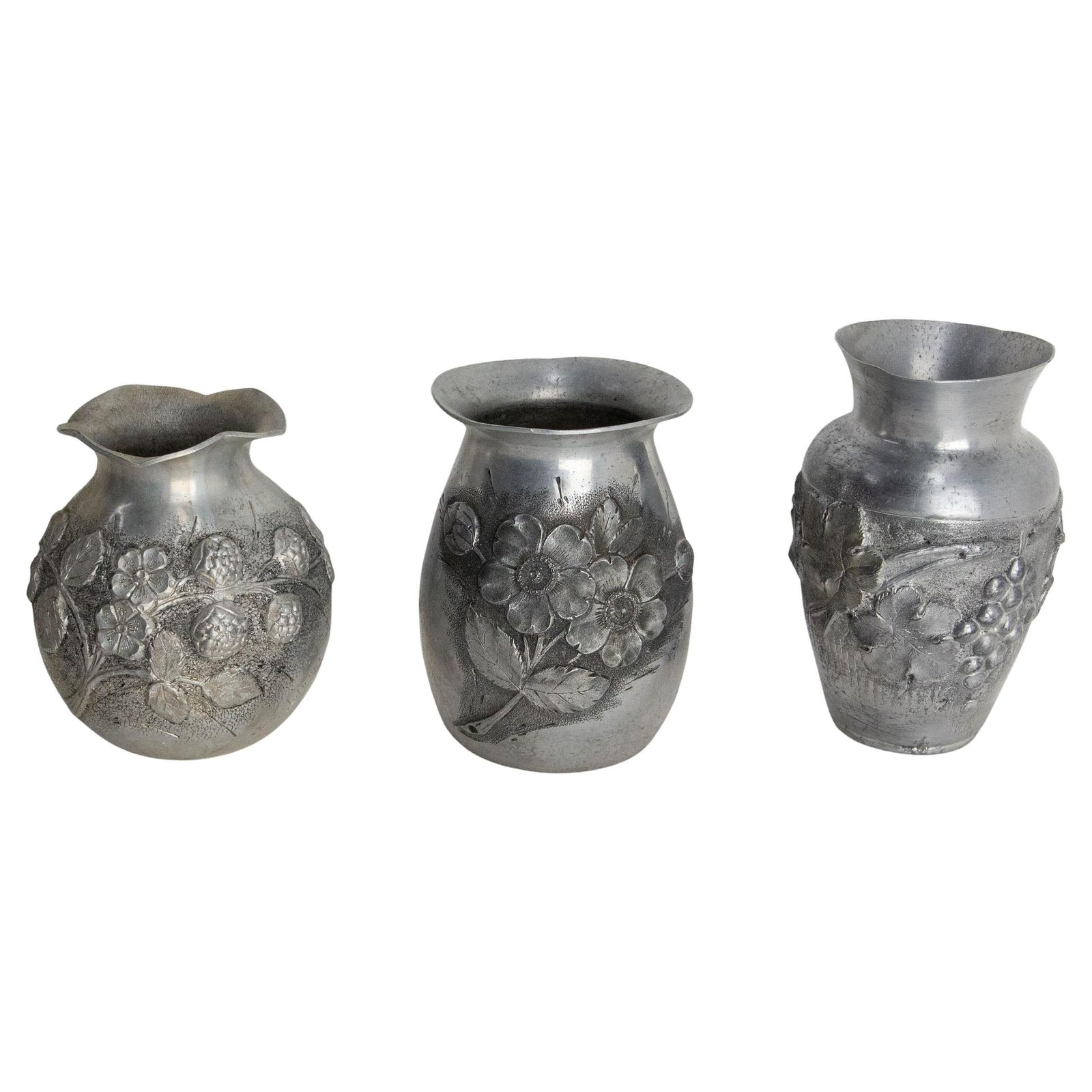 French Set Three Vases Aluminium Vegetal Decoration Circa 1930