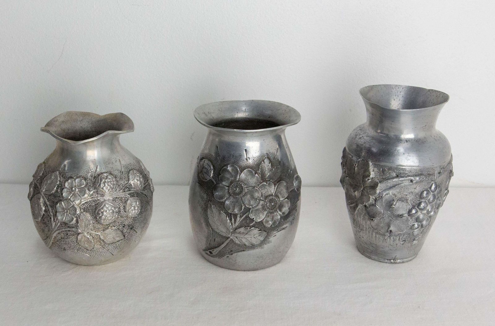 French Set Three Vases Aluminium Vegetal Decoration Circa 1930 photo furniture