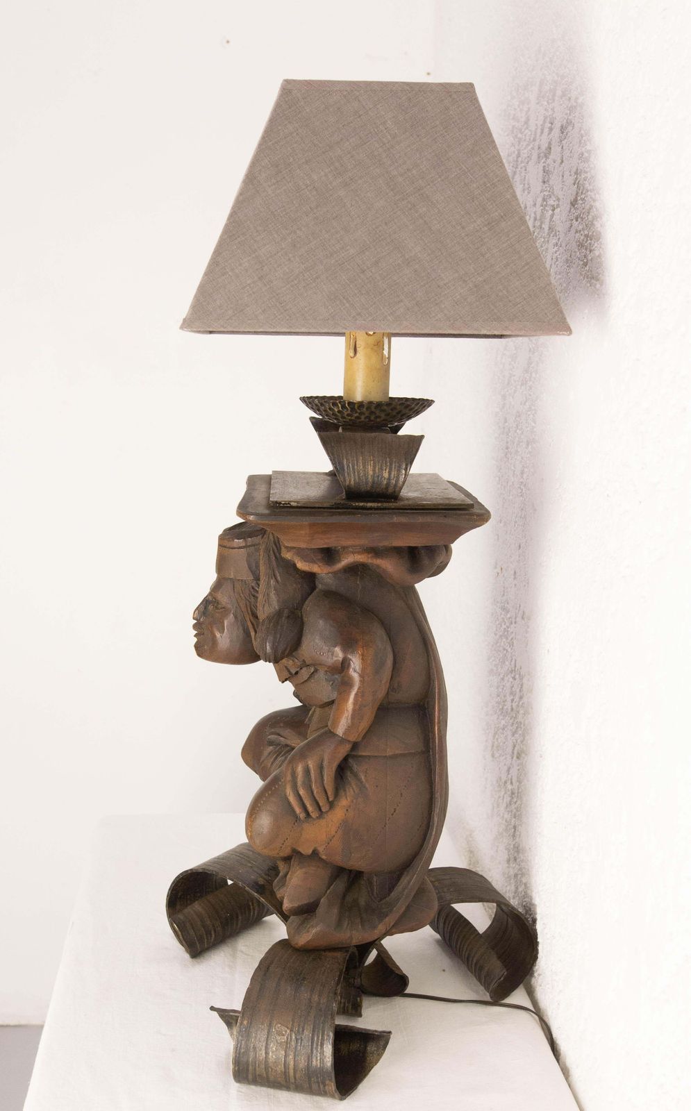 photo furniture Gargoyle Table Lamp By J M Rothschild Wood & Wrough Iron, French, Circa 1960