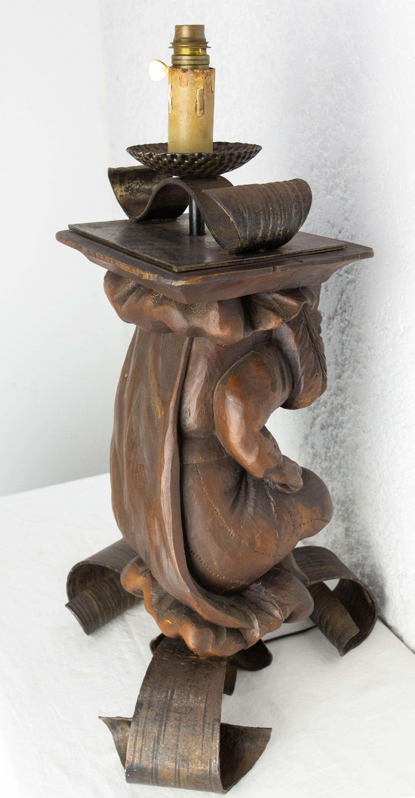 photo vintage Gargoyle Table Lamp By J M Rothschild Wood & Wrough Iron, French, Circa 1960
