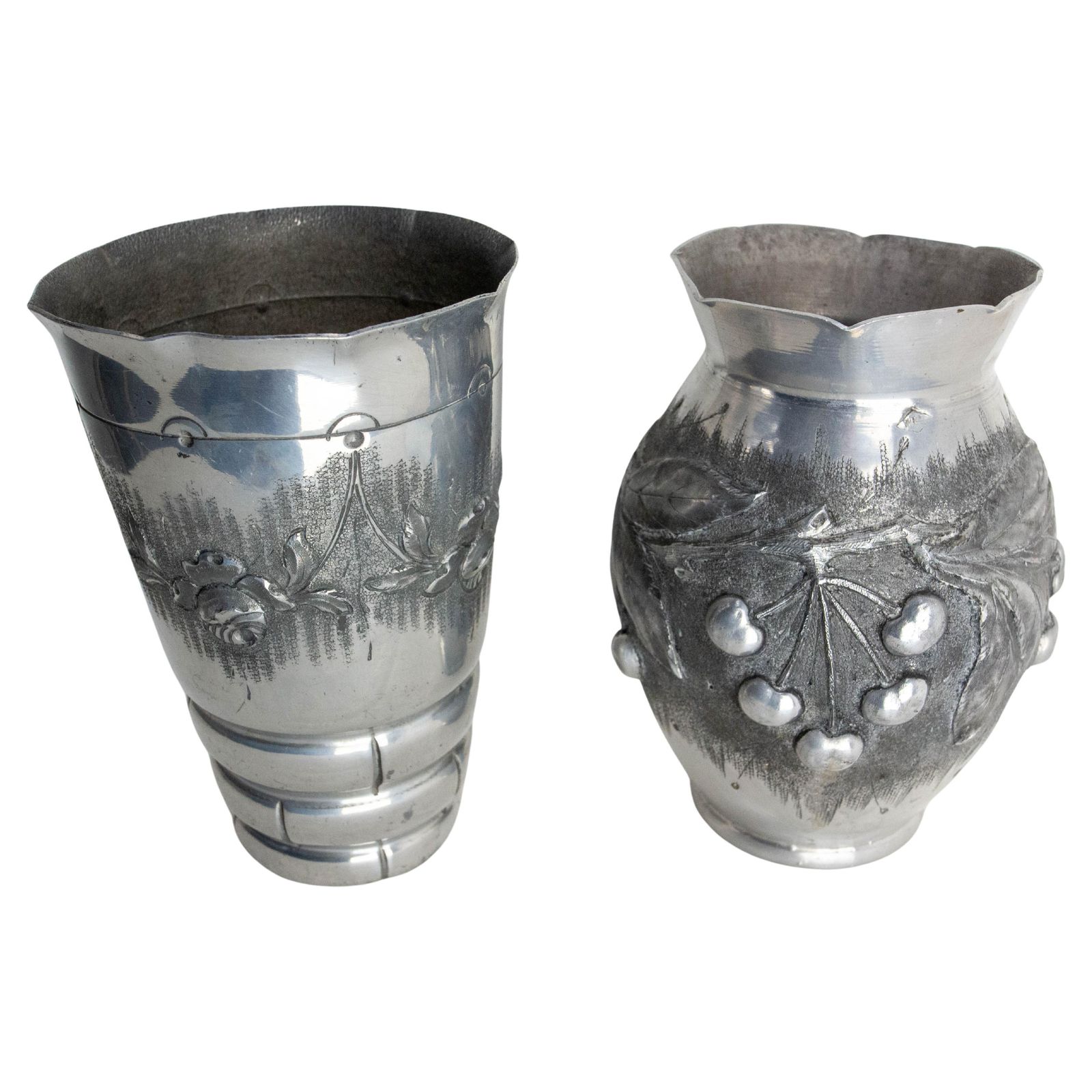 French Set Two Vases Aluminium Embossed Metal Vegetal Decoration Circa 1930
