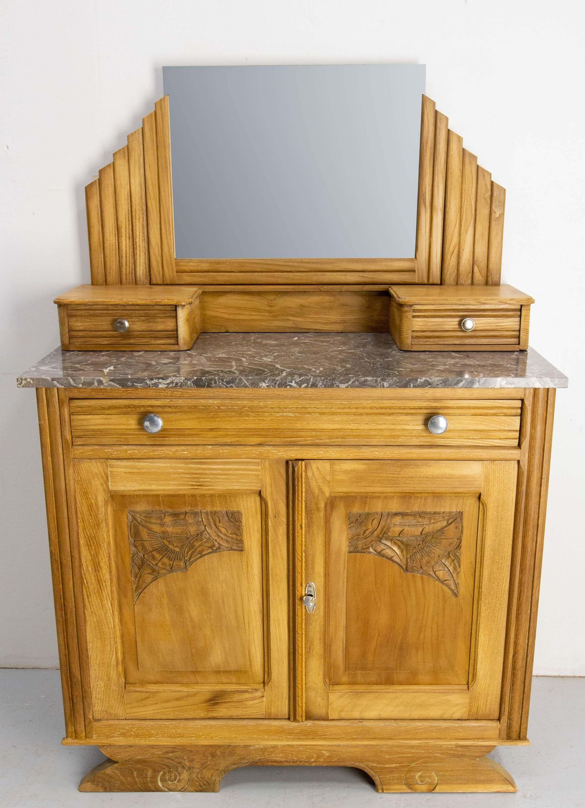 French Midcentury Chesnut Marble Dressing Table Vanity Unit Mirror photo for sale