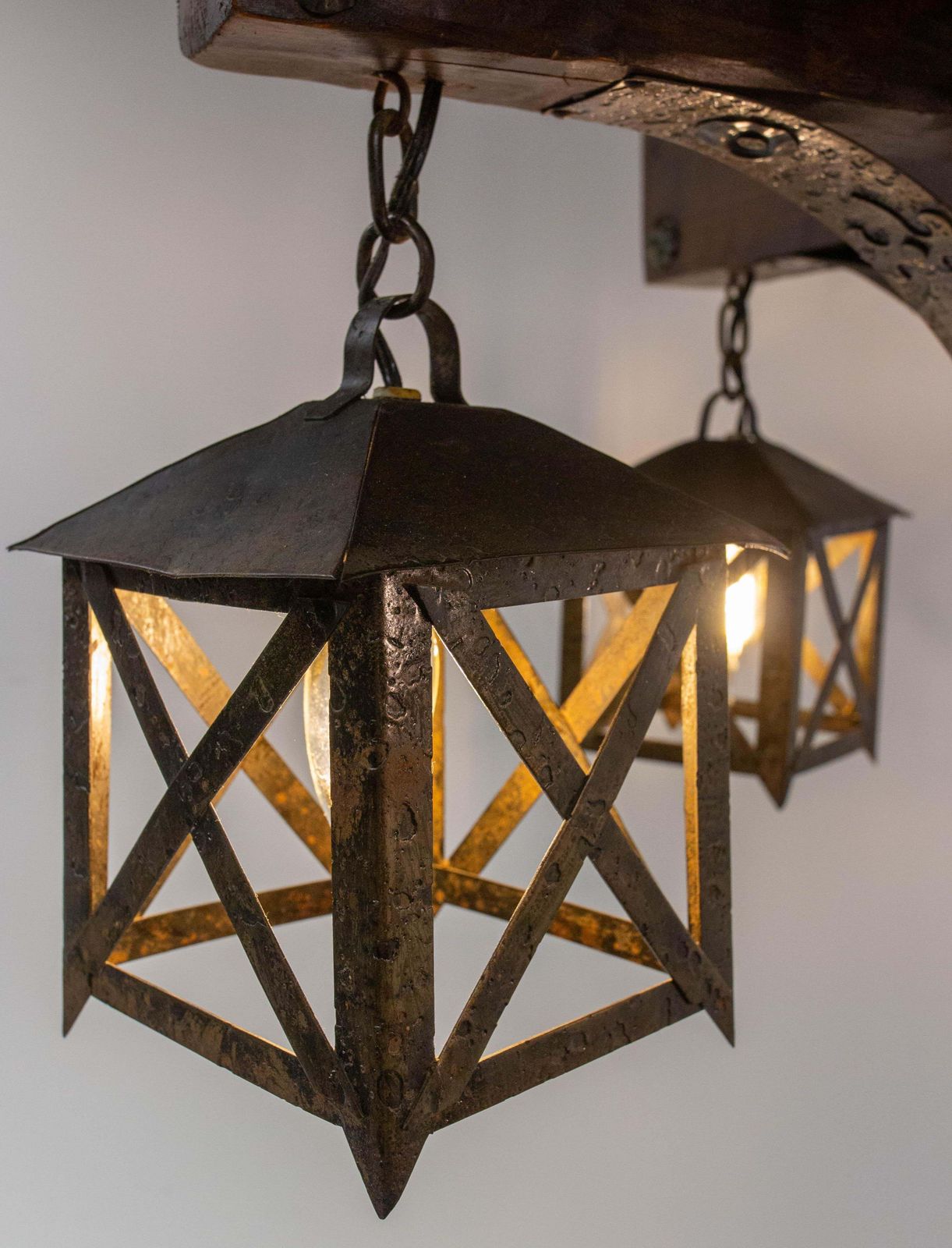 French Chandelier Ceiling Pendant Lustre Spanish Style Oak & Wrought Iron, C1960 photo for sale
