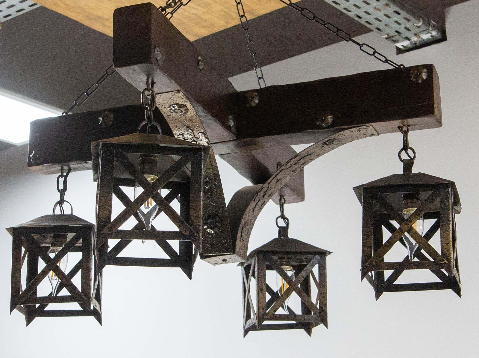 photo furniture French Chandelier Ceiling Pendant Lustre Spanish Style Oak & Wrought Iron, C1960