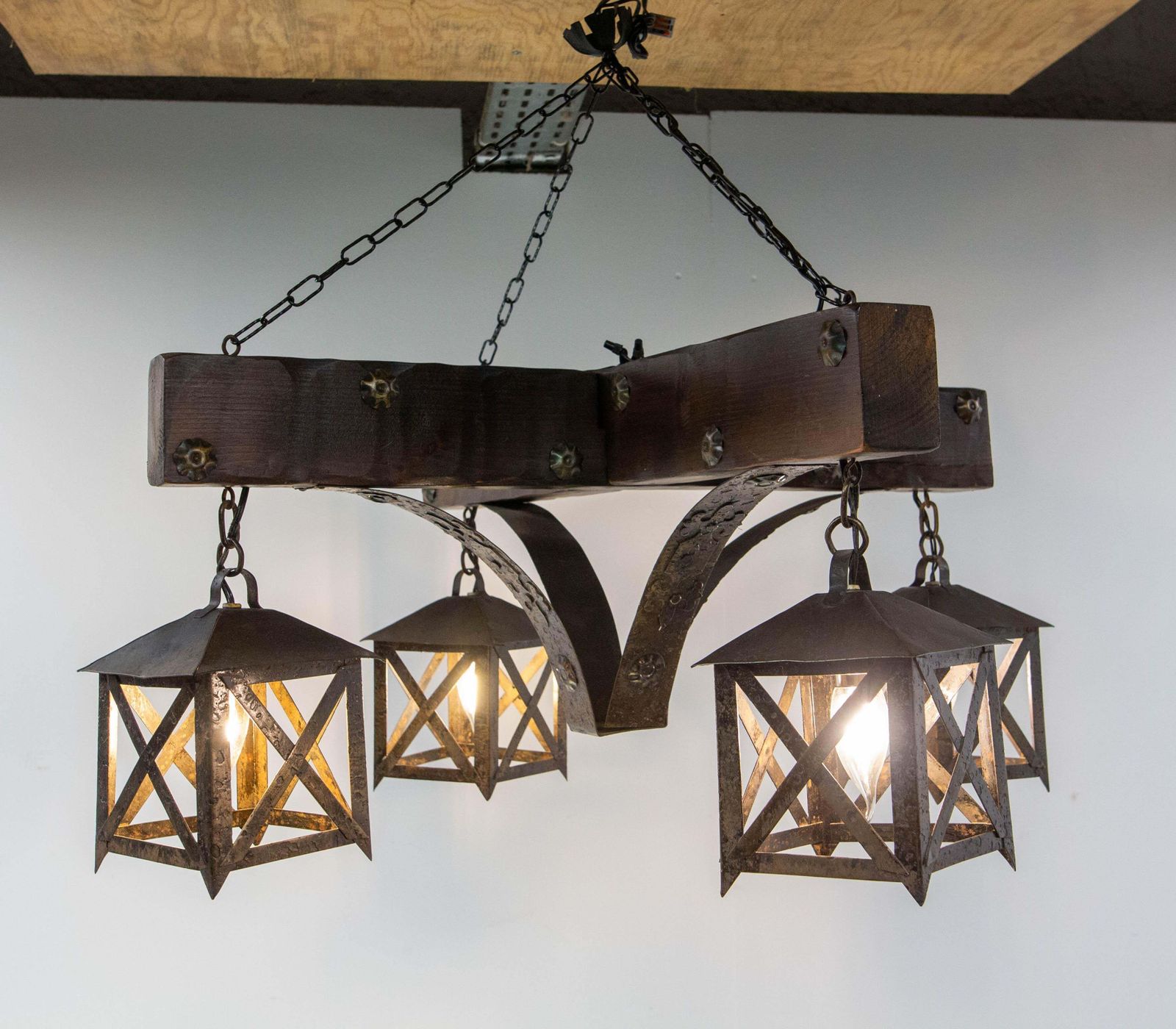 1157.0 French Chandelier Ceiling Pendant Lustre Spanish Style Oak & Wrought Iron, C1960 photo