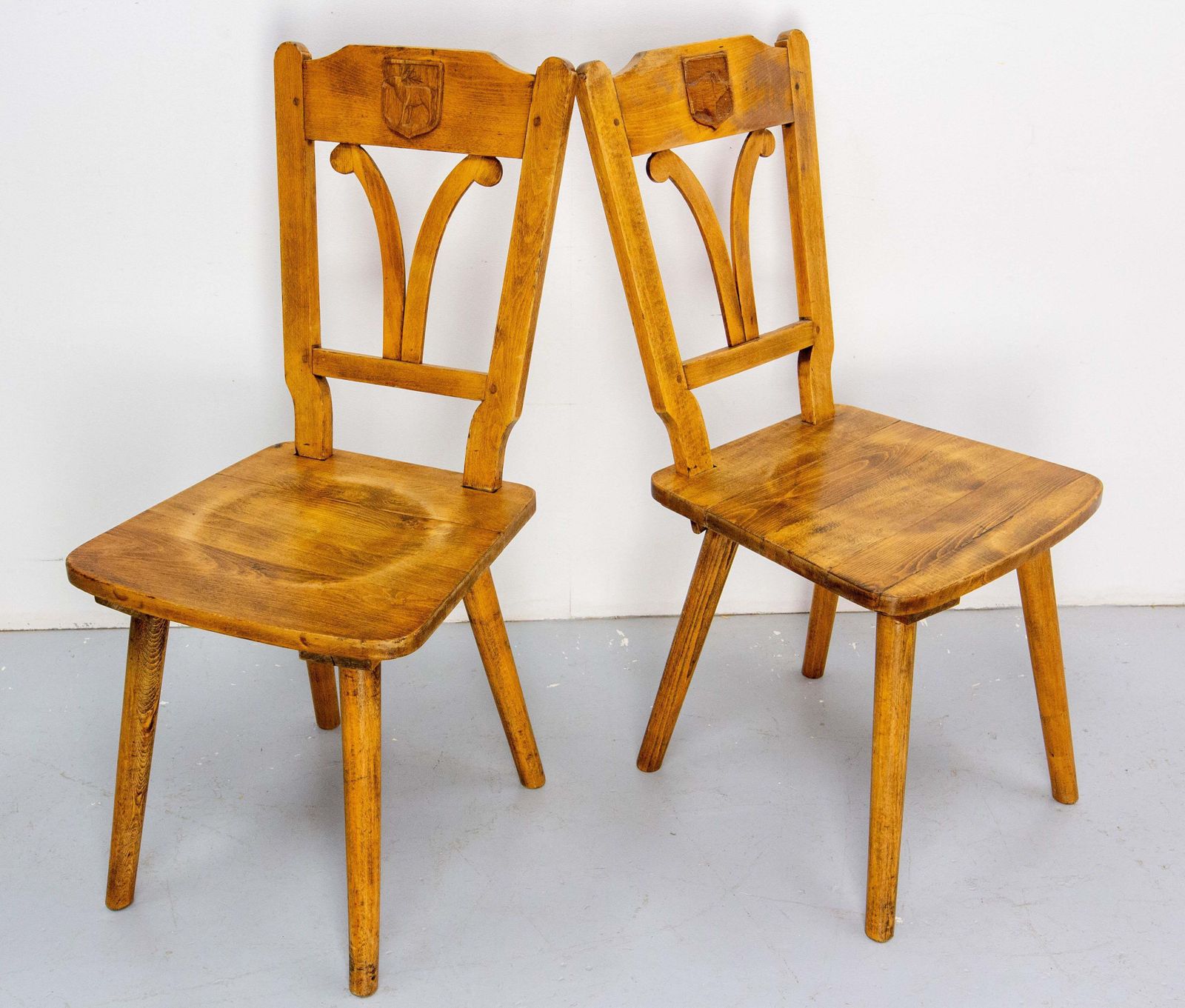 Set Of Four Massive Oak Chairs With Hunting Crests France, Mid 20th Century photo Furniture