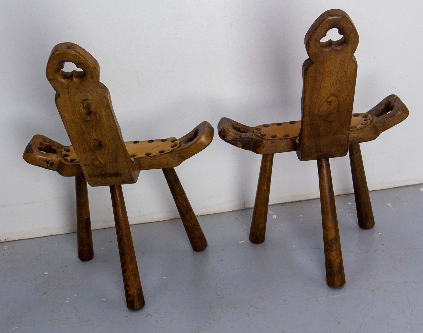 Pair Of Spanish Tripod Chairs Three Legs Poplar & Leather Midcentury photo vinterior