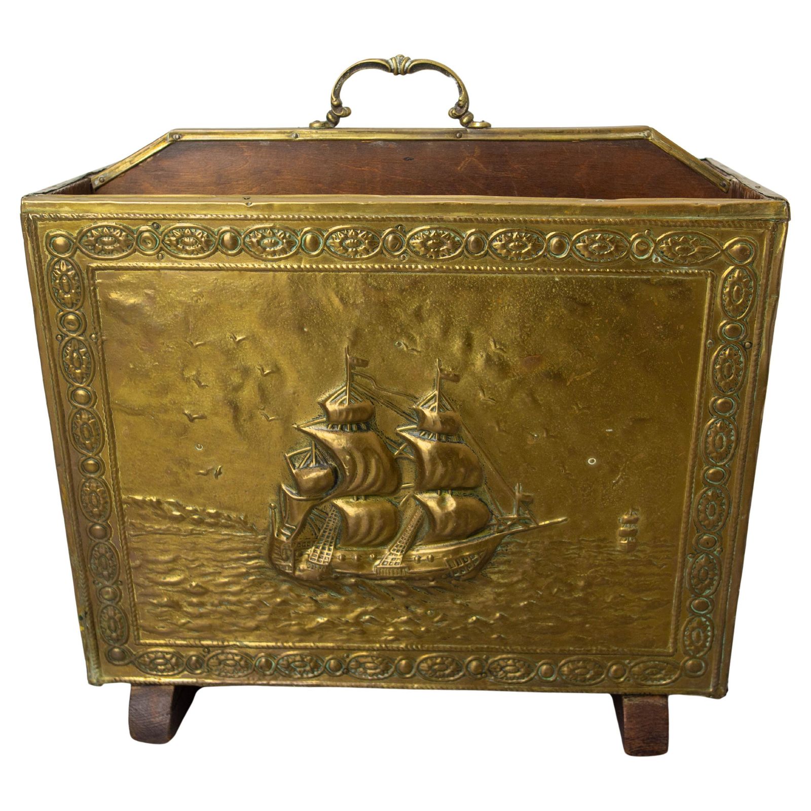 French Magazine Rack Embossed Brass & Wood Representing Spanish Galleons C. 1960