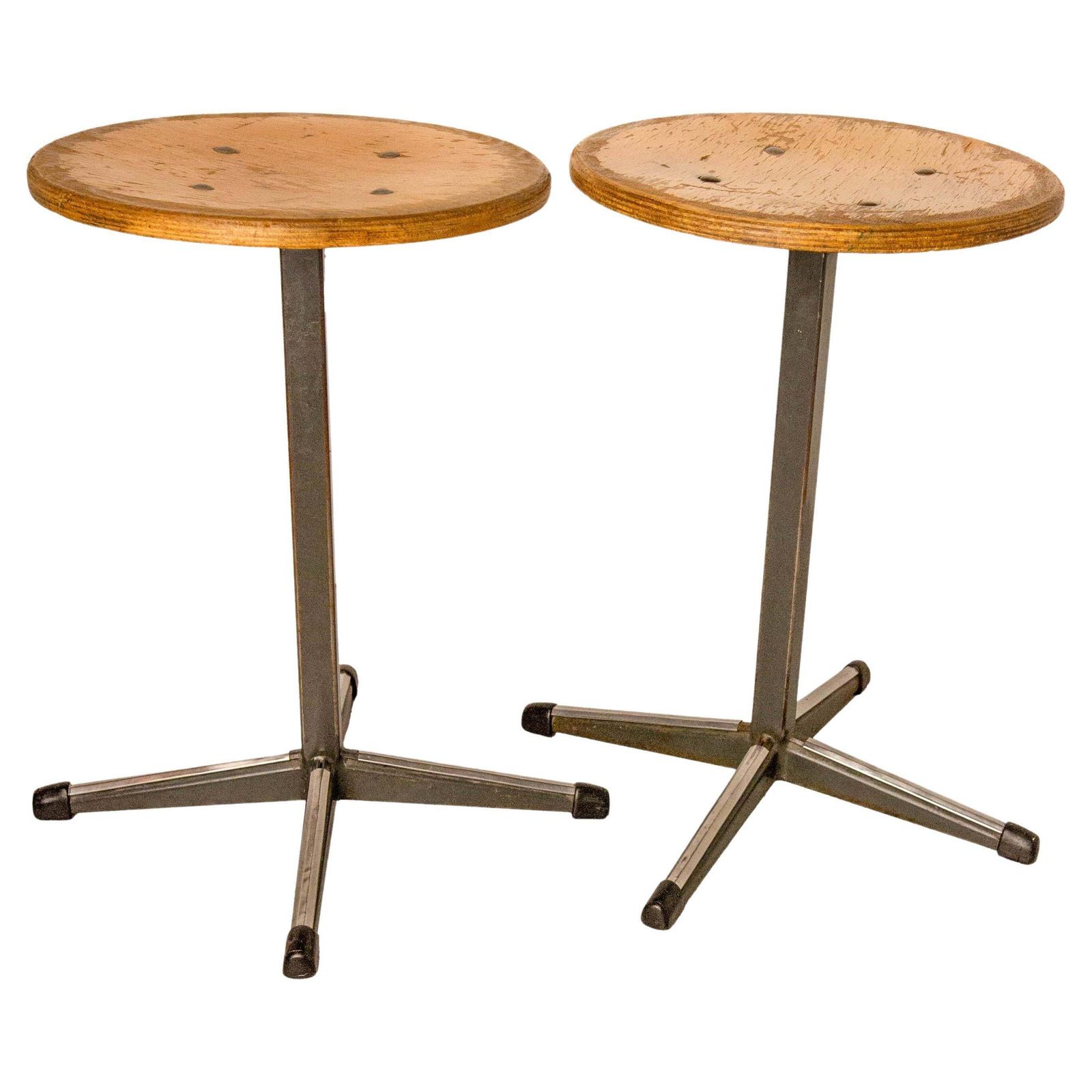 Nertherlands Pair Of Scholar Stools From Amsterdam Beech And Metal, Circa 1950