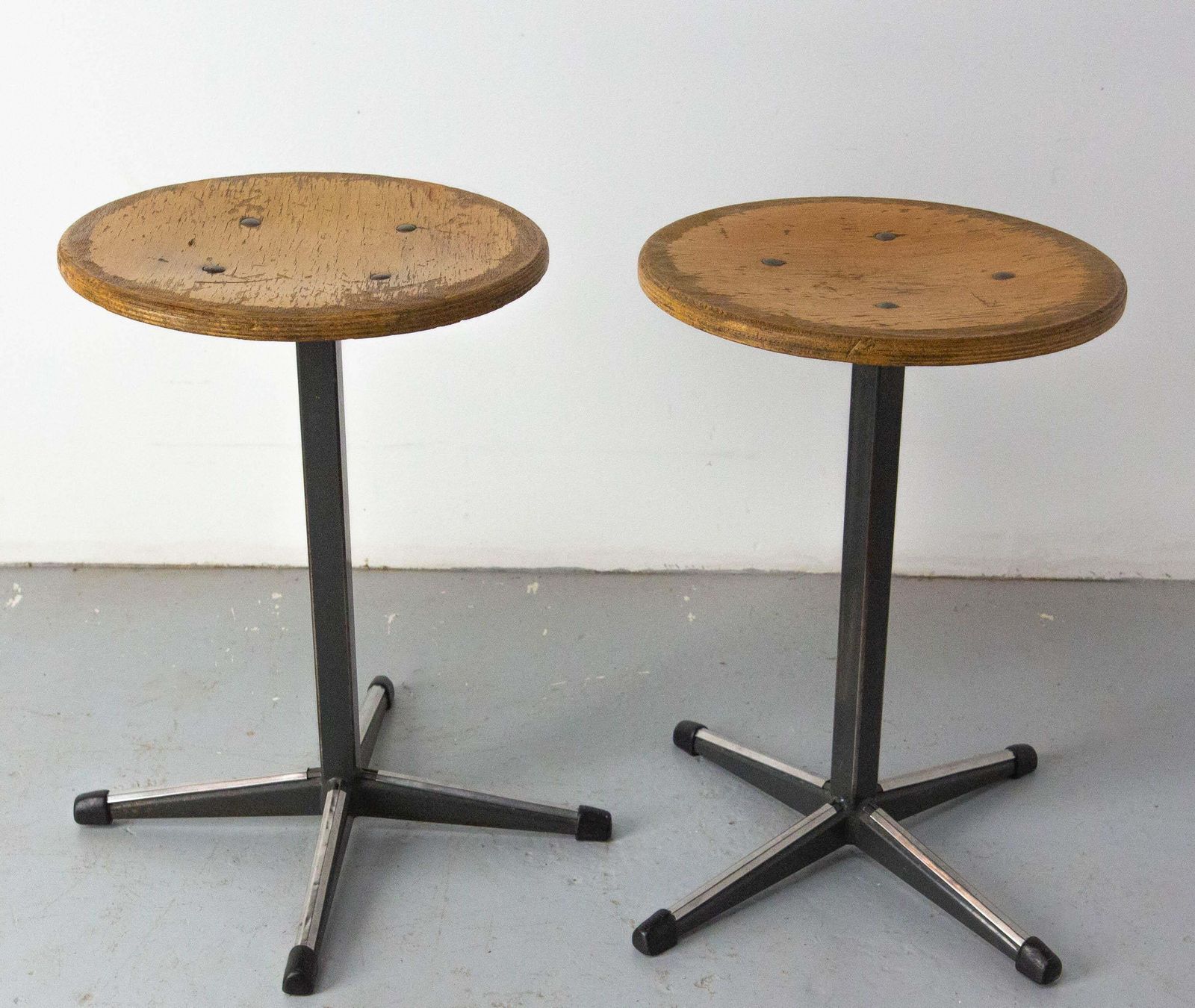 Furniture Nertherlands Pair Of Scholar Stools From Amsterdam Beech And Metal, Circa 1950 photo