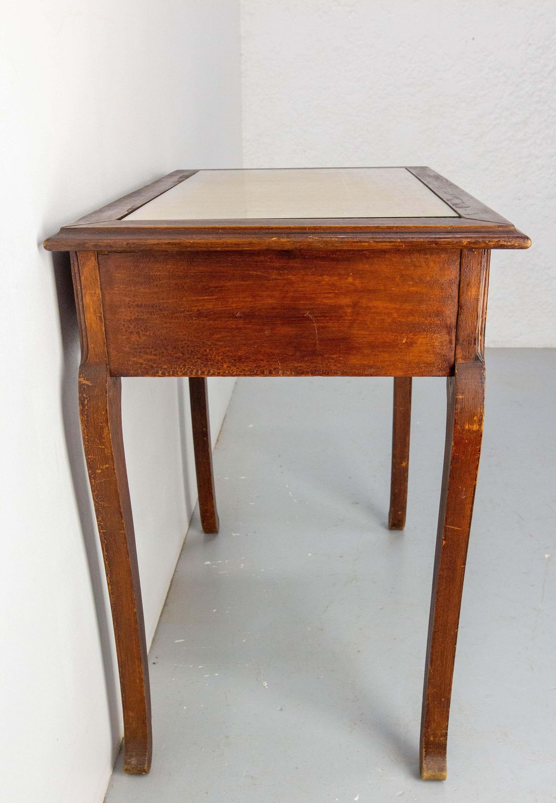 French Art Nouveau Wood Side Table Writing Table Glass Top One Drawer, C 1920 photo Furniture