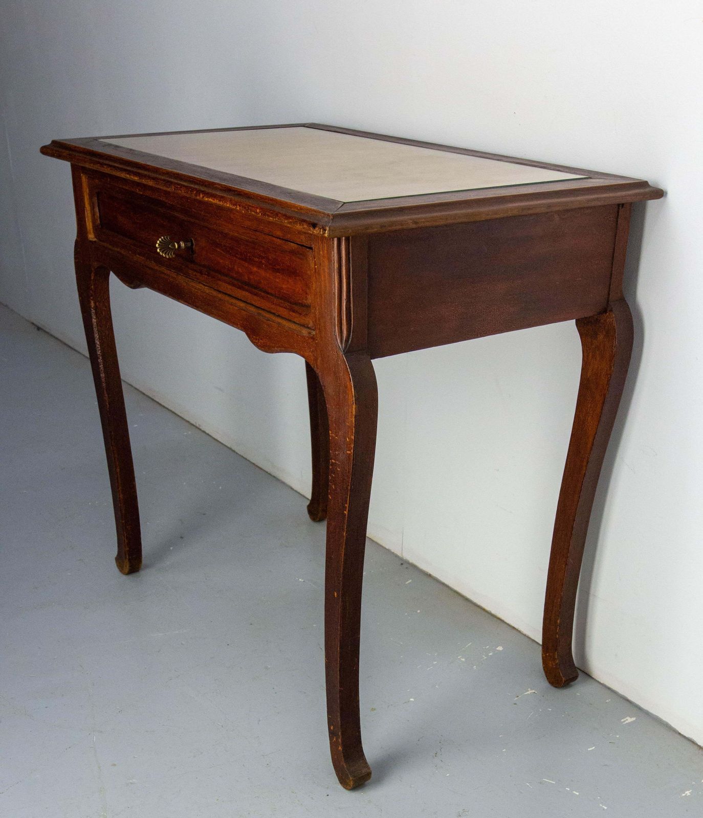 French Art Nouveau Wood Side Table Writing Table Glass Top One Drawer, C 1920 photo buy