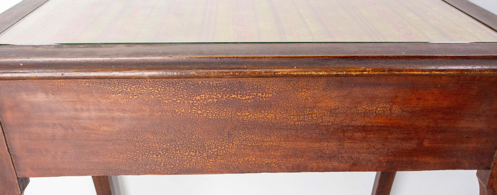 photo vintage French Art Nouveau Wood Side Table Writing Table Glass Top One Drawer, C 1920
