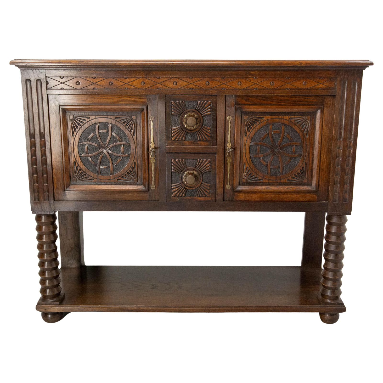 French Vintage Oak & Wrought Iron Buffet Neogothic Style Midcentury