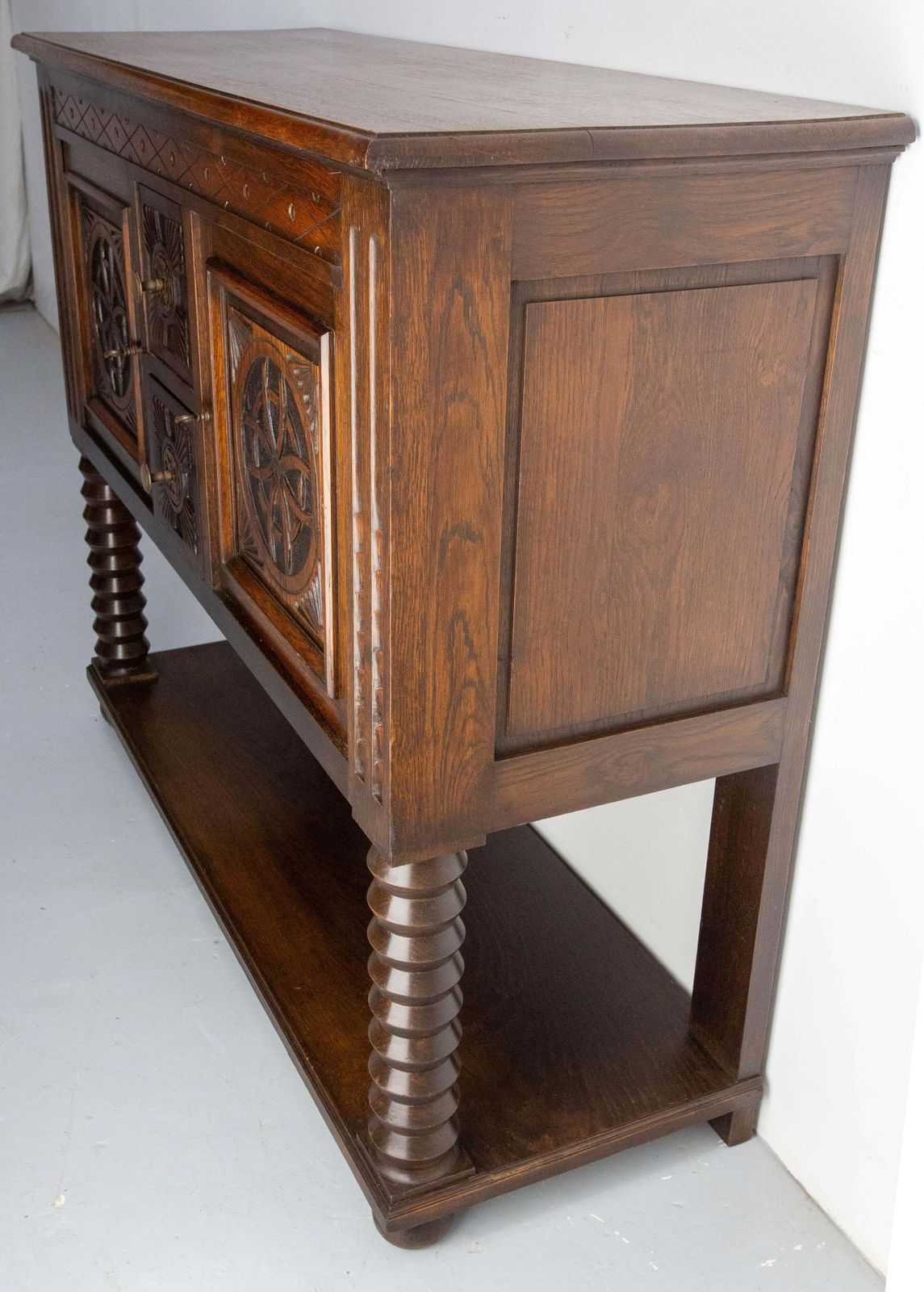 French Vintage Oak & Wrought Iron Buffet Neogothic Style Midcentury photo vinterior