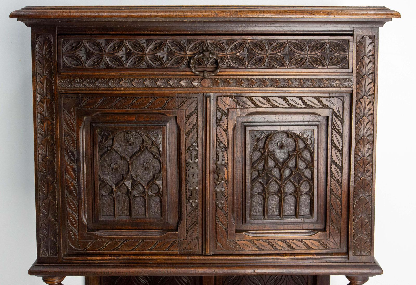 French Chestnut & Wrought Iron Buffet Neogothic Style Late 19th Century photo vinterior