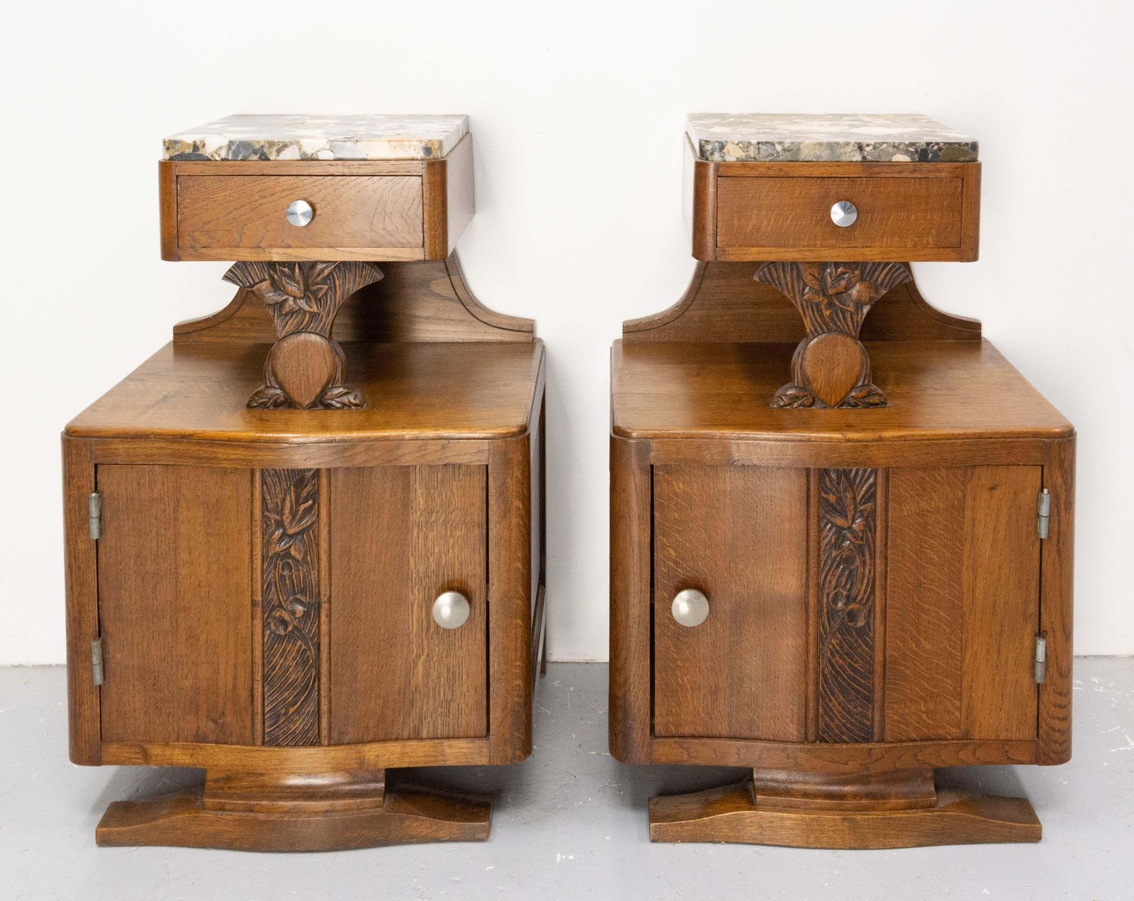 French Pair Of Nightstands Side Cabinets Bedside Oak &Marble Top Midcentury photo furniture