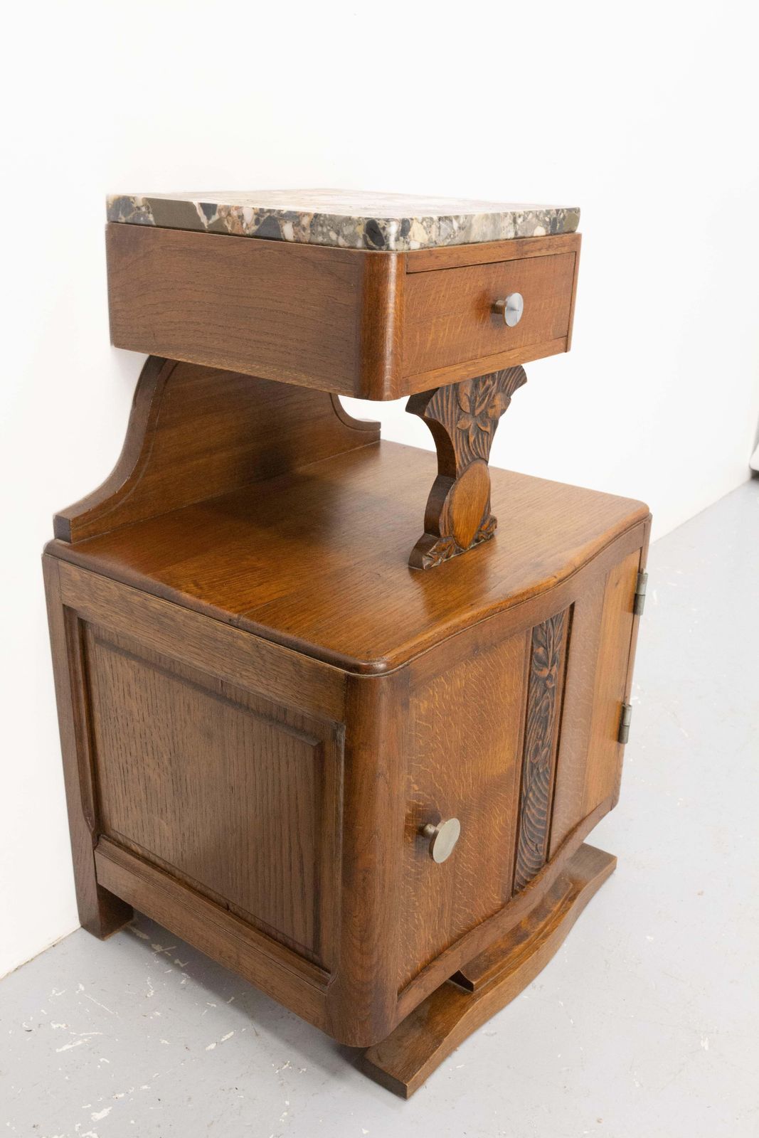 French Pair Of Nightstands Side Cabinets Bedside Oak &Marble Top Midcentury photo buy