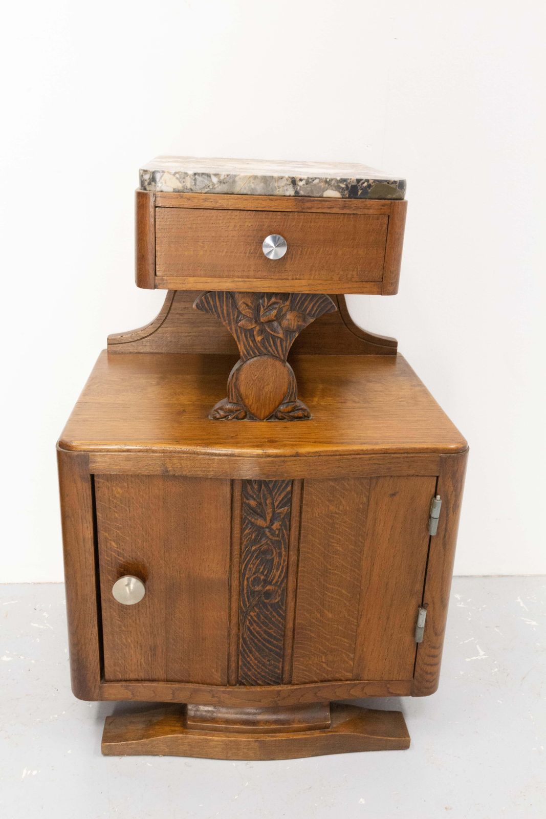 French Pair Of Nightstands Side Cabinets Bedside Oak &Marble Top Midcentury photo vintage